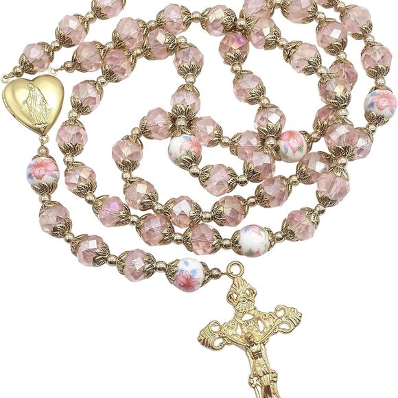 Catholic Rosary Necklace Beaded Beads Gold Heart Locket Cross Religious Jewelry - Picture 1 of 7